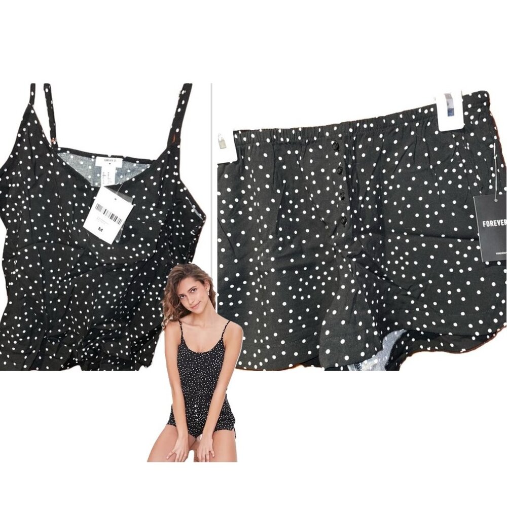 NWT Forever 21 - Women’s Medium Sleep Set - Shorts & Tank Black Polka Dot NEW